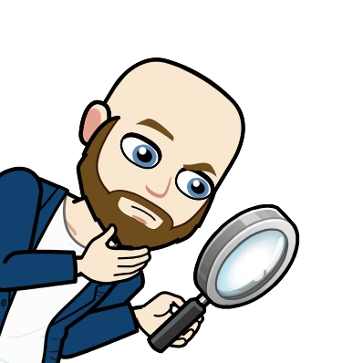 A Bitmoji-style illustration of a bald man with a beard, wearing a white T-shirt and a navy blue jacket. He has a focused expression and is holding a magnifying glass, as if closely examining something