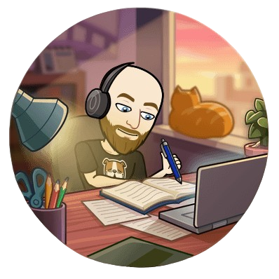 A Bitmoji-style illustration of a bald man with a beard, wearing headphones and a T-shirt with a dog print. He is sitting at a desk, writing in a notebook with a pen while looking at a laptop screen. The desk is cluttered with stationery, including pencils, scissors, and a desk lamp. A cozy atmosphere is created by the warm sunset visible through the window, with a cat curled up on the windowsill and a potted plant nearby.