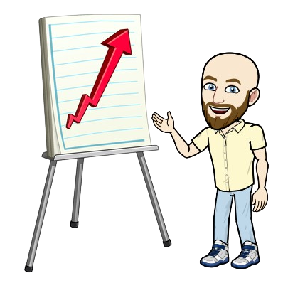 A Bitmoji-style illustration of a bald man with a beard, wearing a black T-shirt with a dog print, gray pants, and brown shoes. He is standing next to a flip chart on a tripod, pointing at a red upward-trending arrow on the board. He has a friendly expression, as if presenting or explaining something